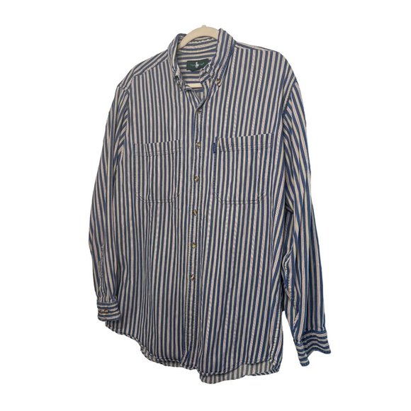 VTG Hunt Club Men Button Up Shirt Blue Stripe Pockets Long Sleeve SZ Large Tall - Picture 2 of 7